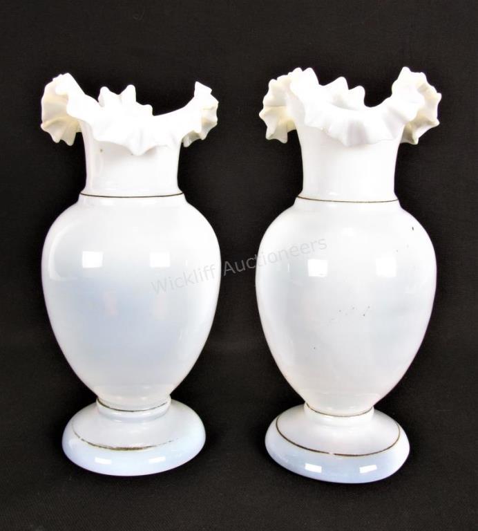 Appraisal: Pair of Victorian Glass Vases white translucent vases with ruffled