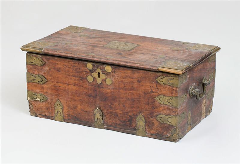 Appraisal: INDONESIAN BRASS-MOUNTED HARDWOOD TRAVELING TRUNK Opening to a fitted interior