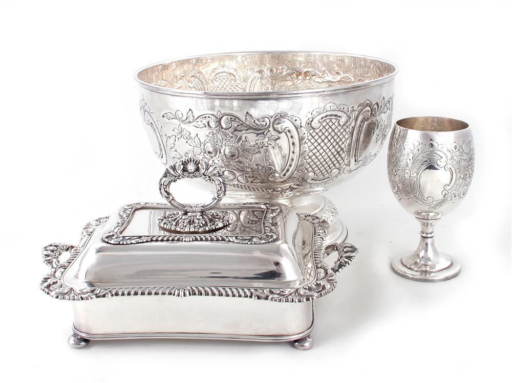 Appraisal: Silverplate punch bowl entree dish and goblet Folgate punch bowl