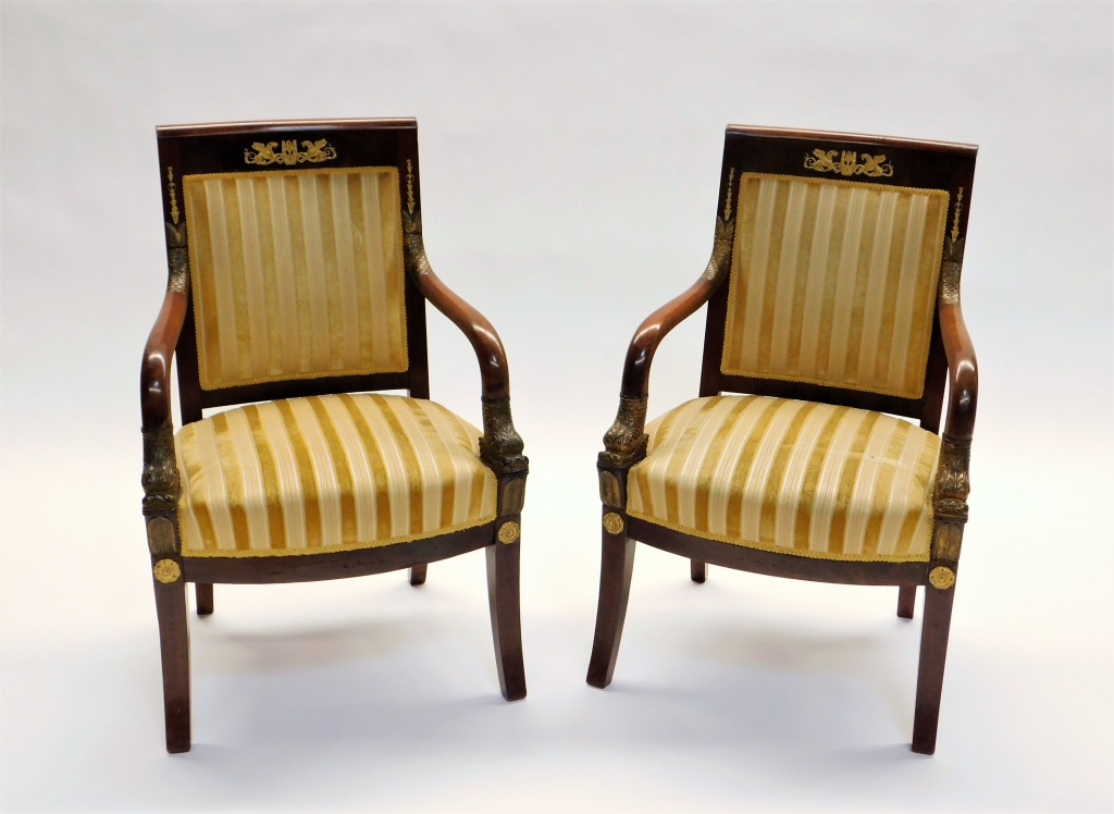 Appraisal: PR MAHOGANY AND BRASS REGENCY STYLE ARM CHAIRS United StatesEarly