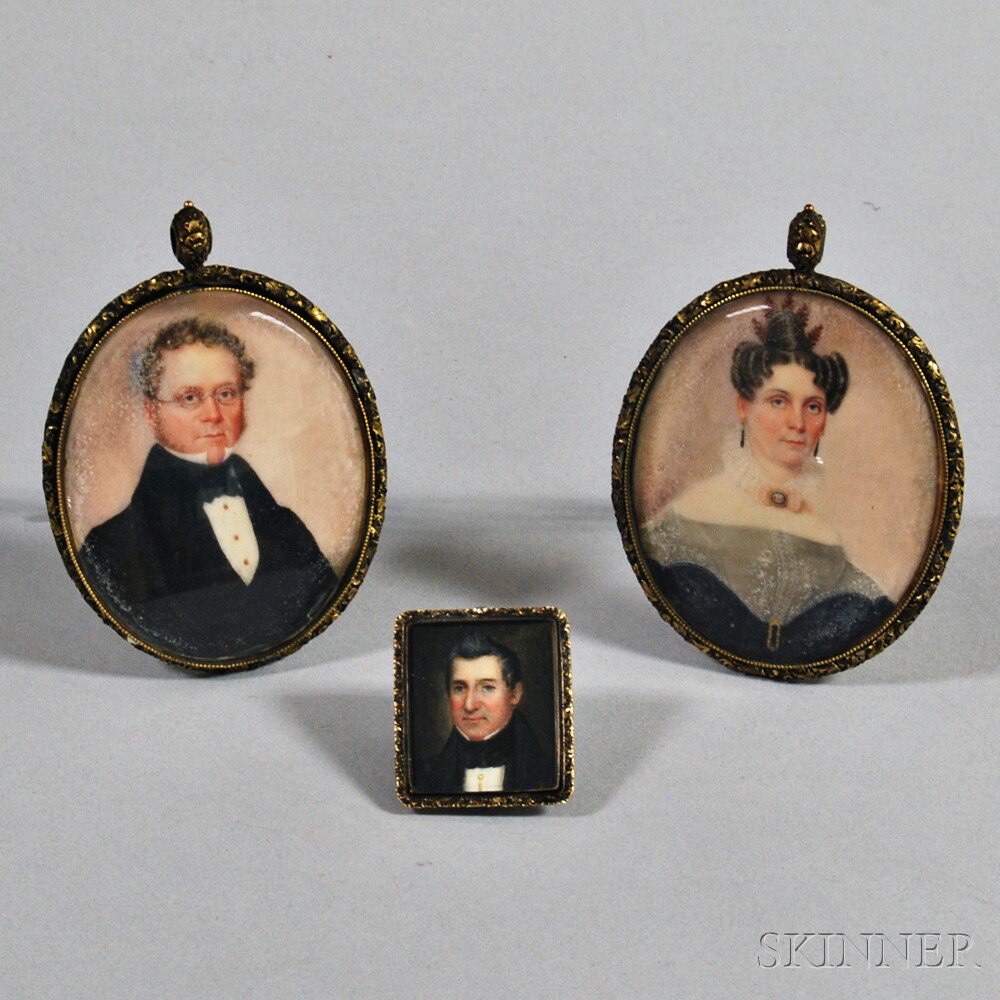 Appraisal: Three Framed Portrait Miniatures th century a pair depicting a