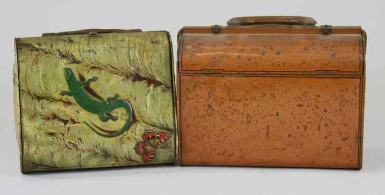 Appraisal: LOT OF TWO HANDBAG BISCUIT TINS England lithographed tin figural