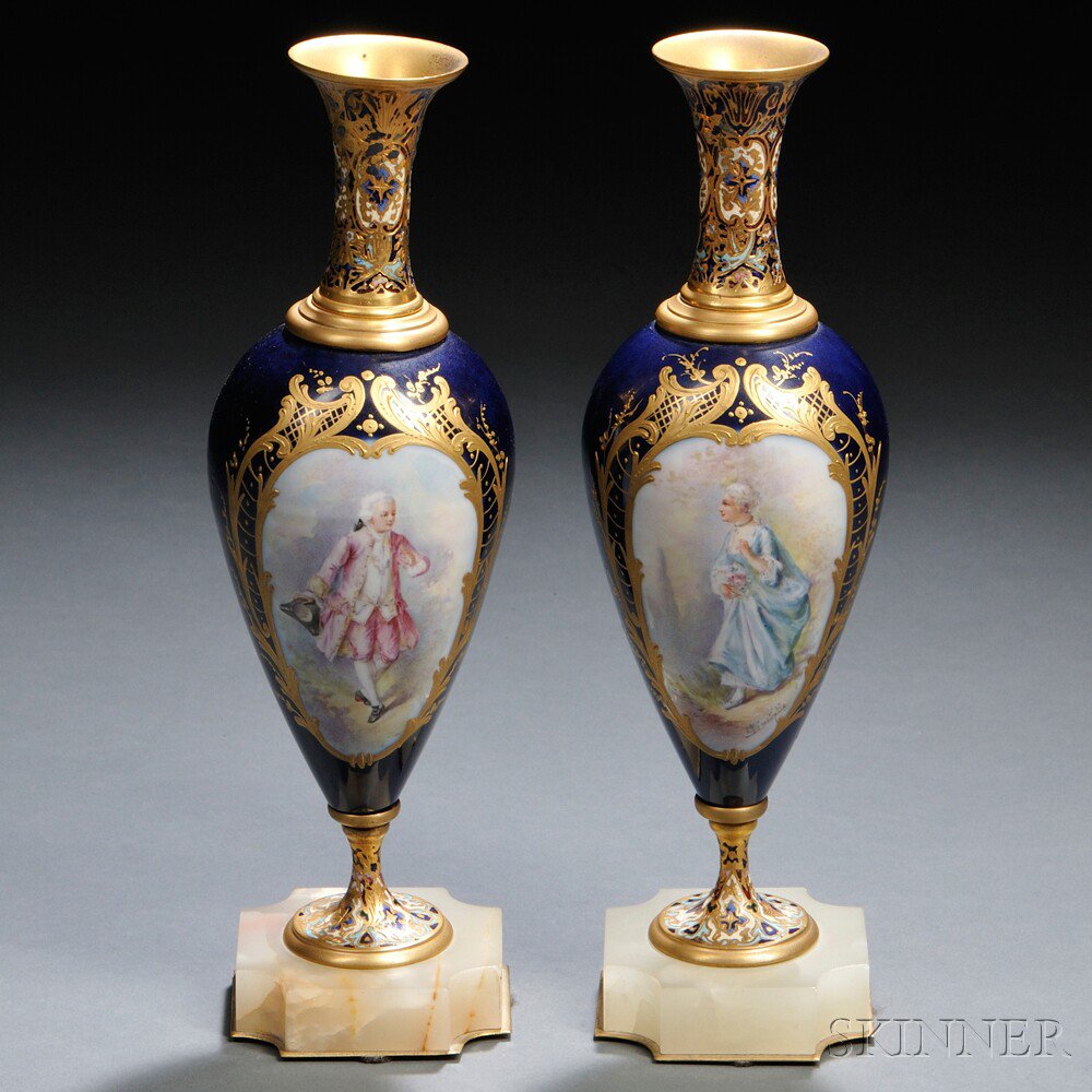 Appraisal: Pair of Sevres-style Porcelain and Champleve Enamel Vases France c