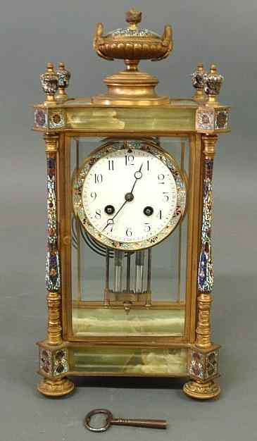 Appraisal: French brass and green onyx mantel clock with cloisonn decoration