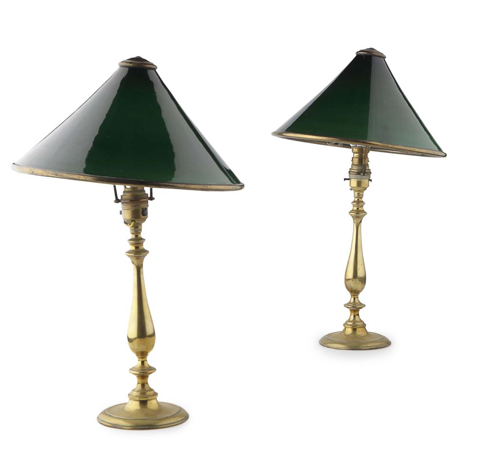 Appraisal: PAIR OF BRASS BALUSTER TABLE LAMPS with green glass shades