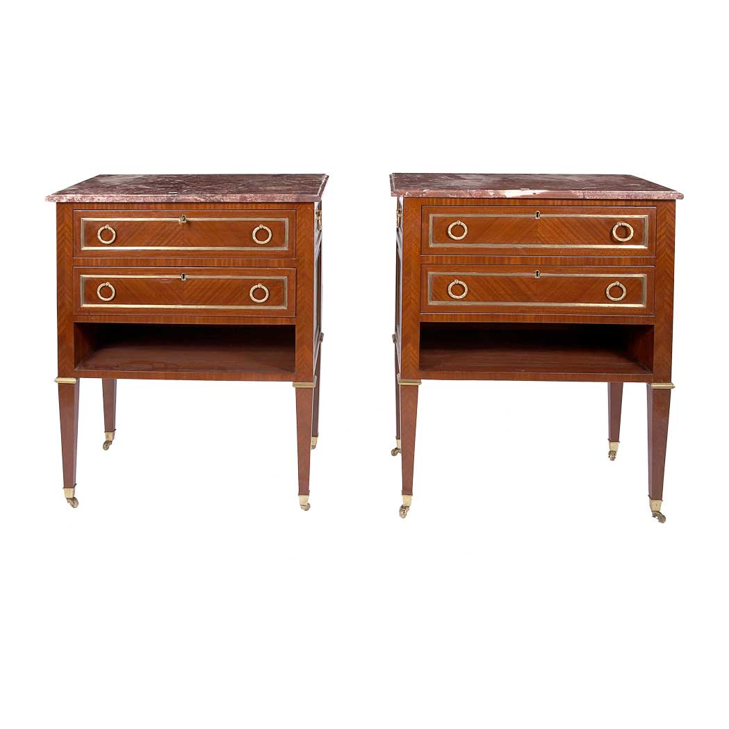 Appraisal: Pair of Louis XVI Style Gilt-Metal Mounted Mahogany Bedside Tables