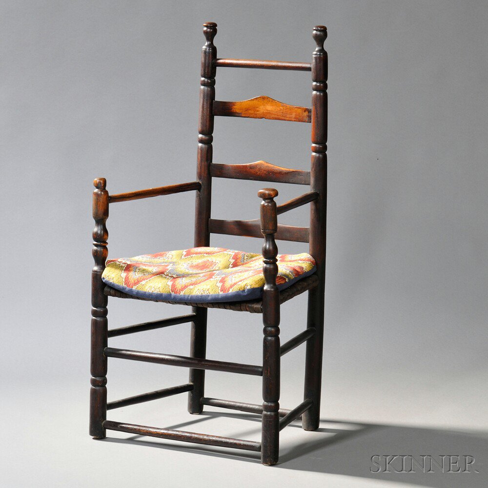 Appraisal: Slat-back Armchair New England th century the ring-turned stiles topped