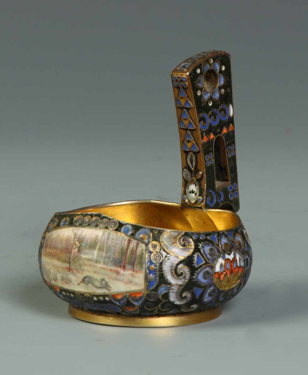 Appraisal: FABERG SILVER-GILT AND CLOISONN ENAMEL KOVSH MOSCOW With painted scene