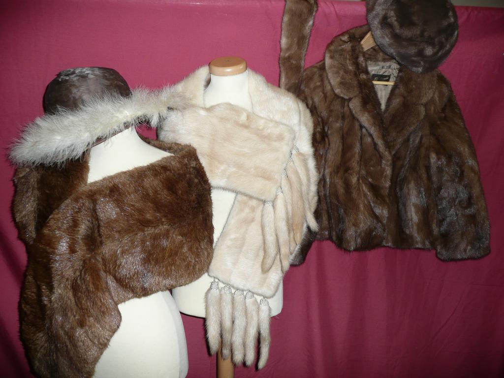 Appraisal: Two vintage fur stoles a fur jacket hat and collar