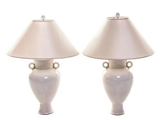 Appraisal: Modernist Mid th Century Pair of Crackle-Glaze Handeled Table Lamps