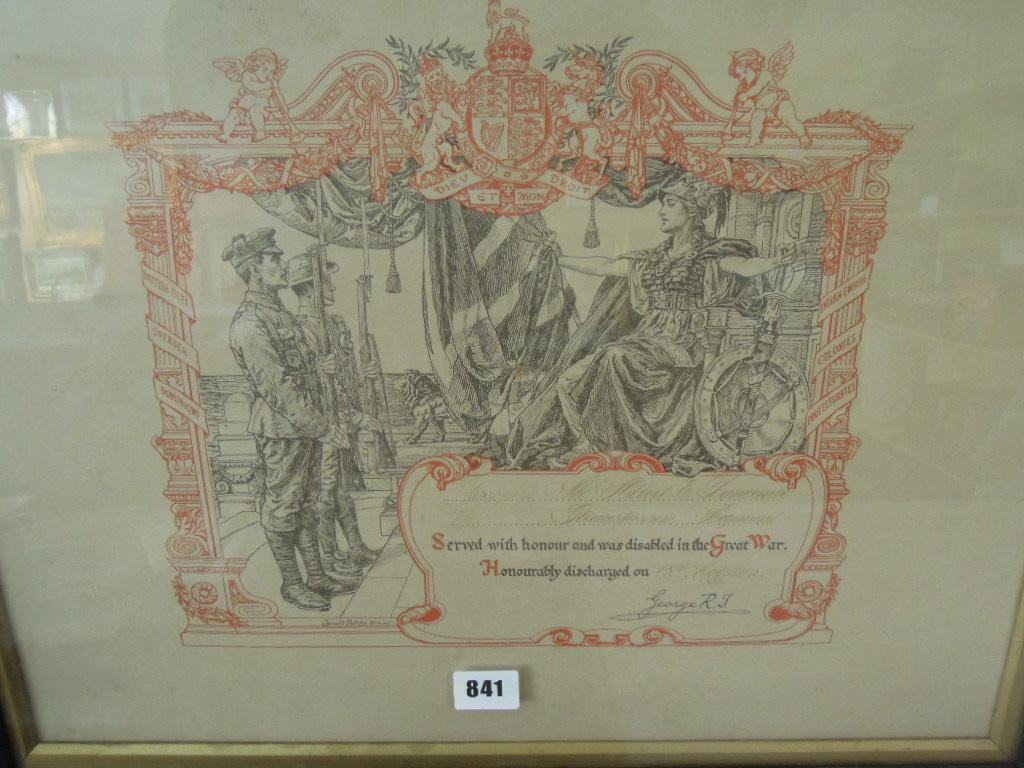 Appraisal: A First World War Honourable Discharge Certificate for Private Albert