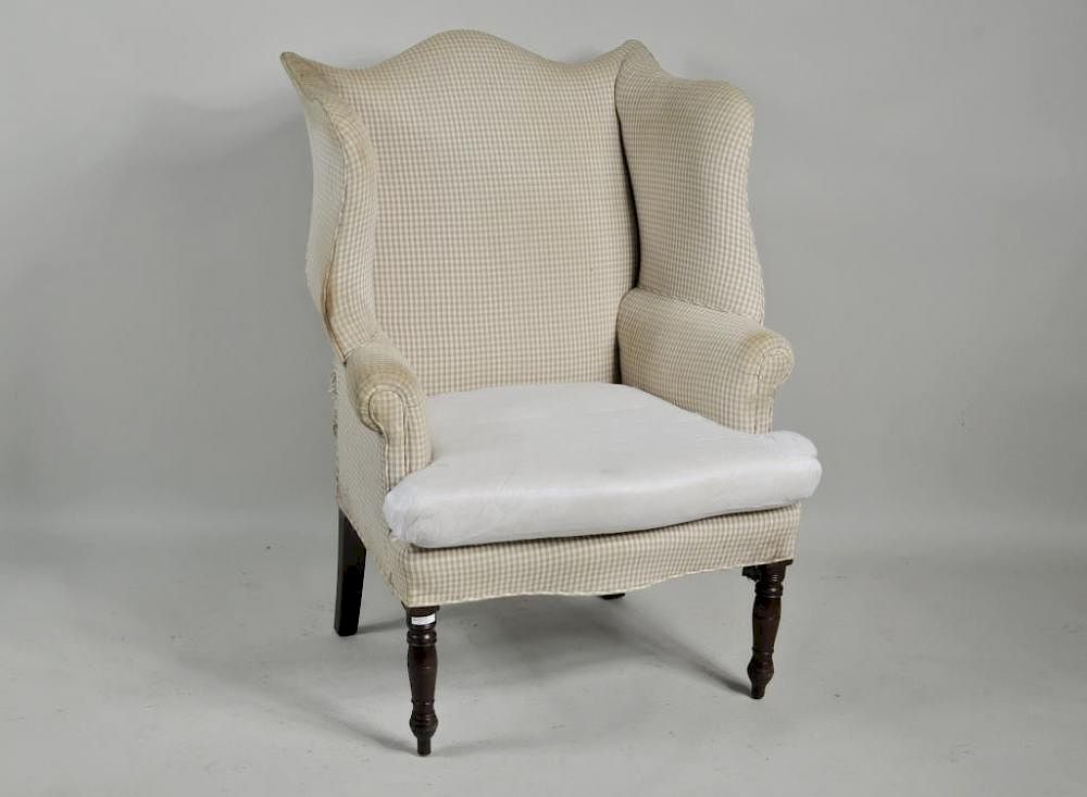 Appraisal: Portsmouth Sheraton Wing Chair Sheraton mahogany upholstered wing chair with