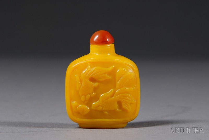 Appraisal: Peking Glass Bottle early th century yellow glass carved with