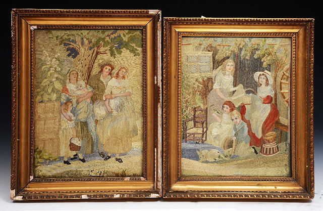 Appraisal: A pair of Georgian silkwork picturesafter Francis Wheatley showing family