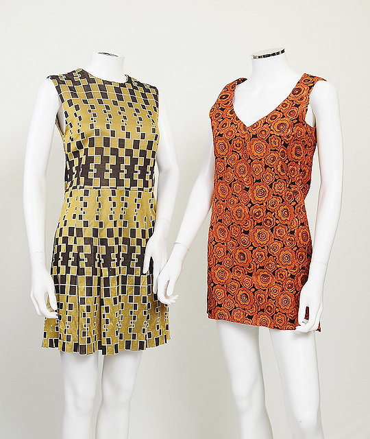 Appraisal: Two s mini shift dresses one orange floral brocade pattern