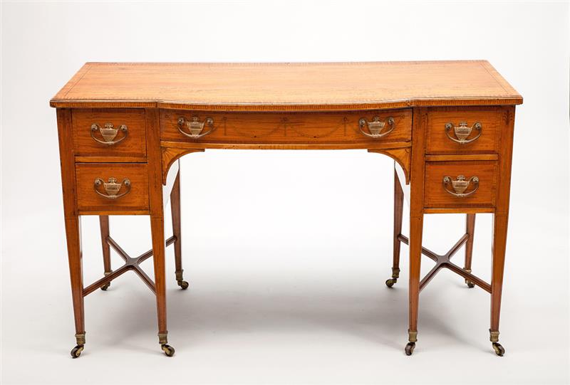 Appraisal: Edwardian Inlaid Satinwood Bowed Breakfront Writing Table in x ft