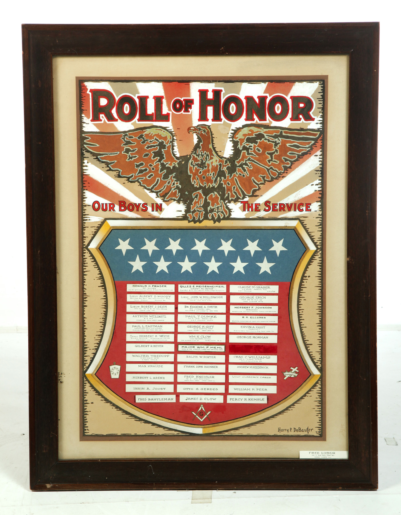 Appraisal: FRAMED ROLL OF HONOR FOR AMERICAN SOLDIERS Twentieth century Roll