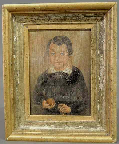 Appraisal: Oil on board painting of a boy holding a piece