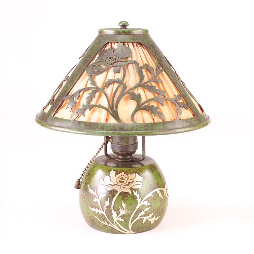 Appraisal: HEINTZ Sterling-on-Bronze boudoir lamp its bulbous base overlaid with a