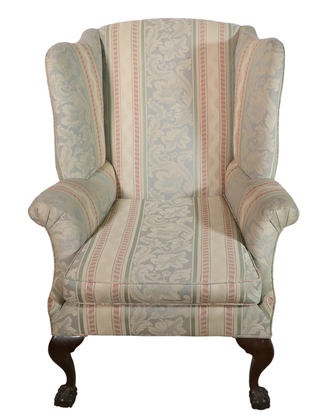 Appraisal: CHIPPENDALE STYLE WING CHAIR Outward scrolled arms with wide wings