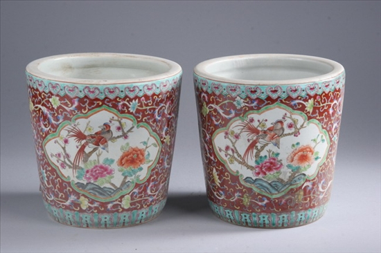 Appraisal: PAIR CHINESE FAMILLE ROSE PORCELAIN CACHE POTS Bird and floral