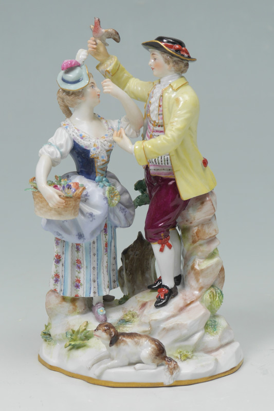 Appraisal: MEISSEN PORCELAIN COUPLE FIGURE Figural group of a man holding