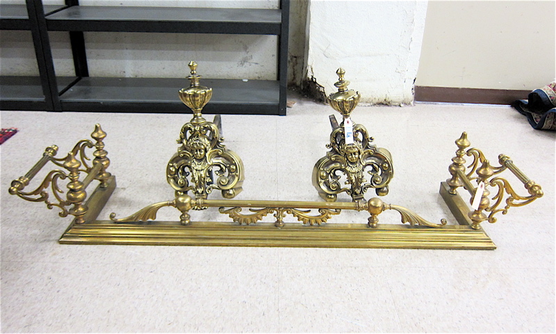 Appraisal: THREE-PIECE BRASS FIREPLACE ACCESSORY GROUP long fireplace fender and an