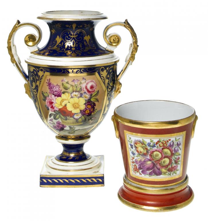 Appraisal: A DERBY COBALT GROUND VASE AND A STAFFORDSHIRE CACHE POT