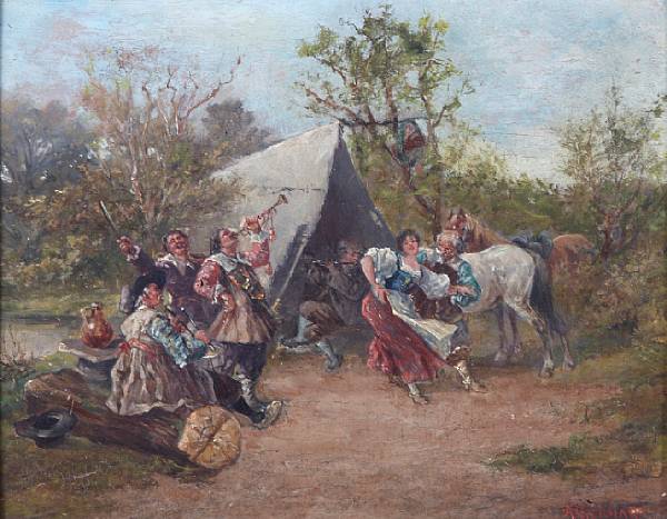 Appraisal: Anton Gerhart Austrian born Cavalier figures carousing outside a tent