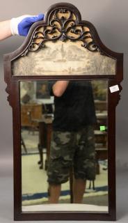 Appraisal: Chinese hardwood mirror having hand painted panel at top ht