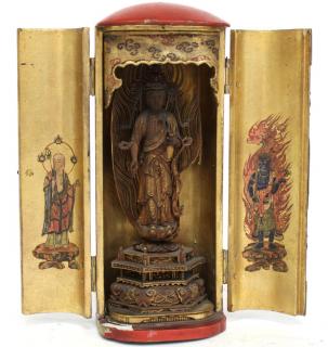 Appraisal: Asian Buddhist Votive of Avalokiteshvara Guanyin Red lacquer case with