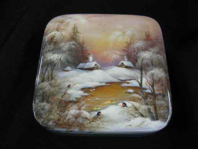 Appraisal: Russian Lacquerware Box superb winter landscape with abalone stream ''