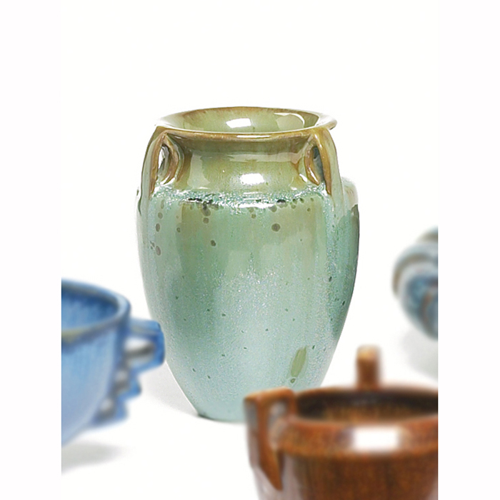 Appraisal: Fulper vase three handled shape covered in a green and