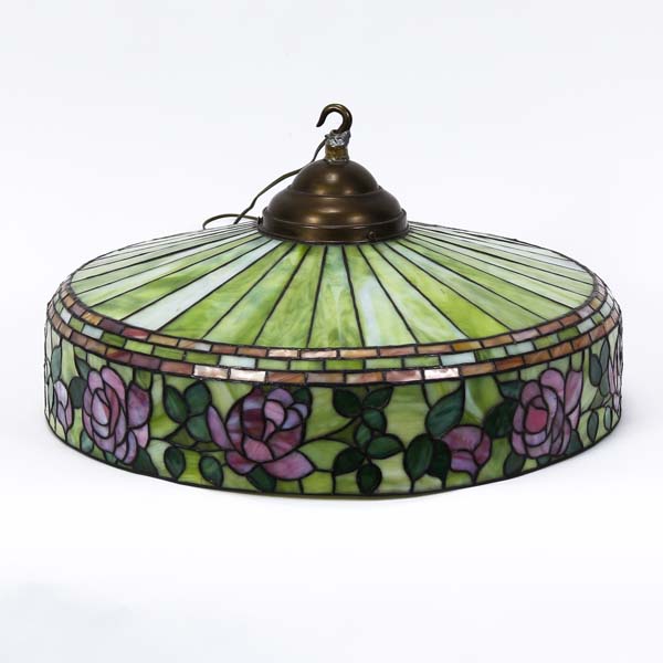 Appraisal: Pink and green leaded stained glass hanging lamp shade with