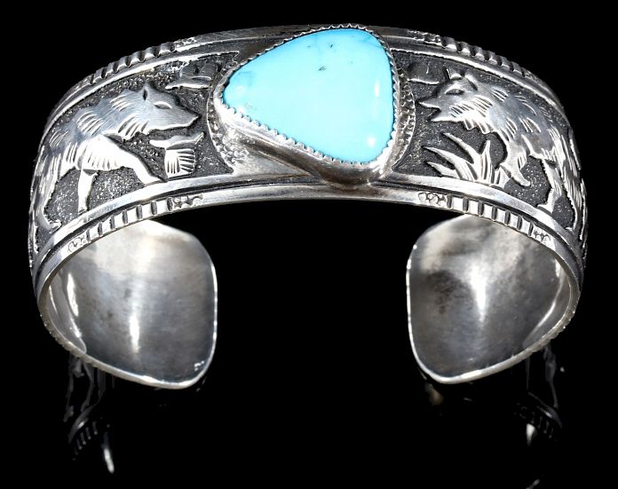 Appraisal: R Singer Navajo Engraved Silver Turquoise Cuff For bidding in