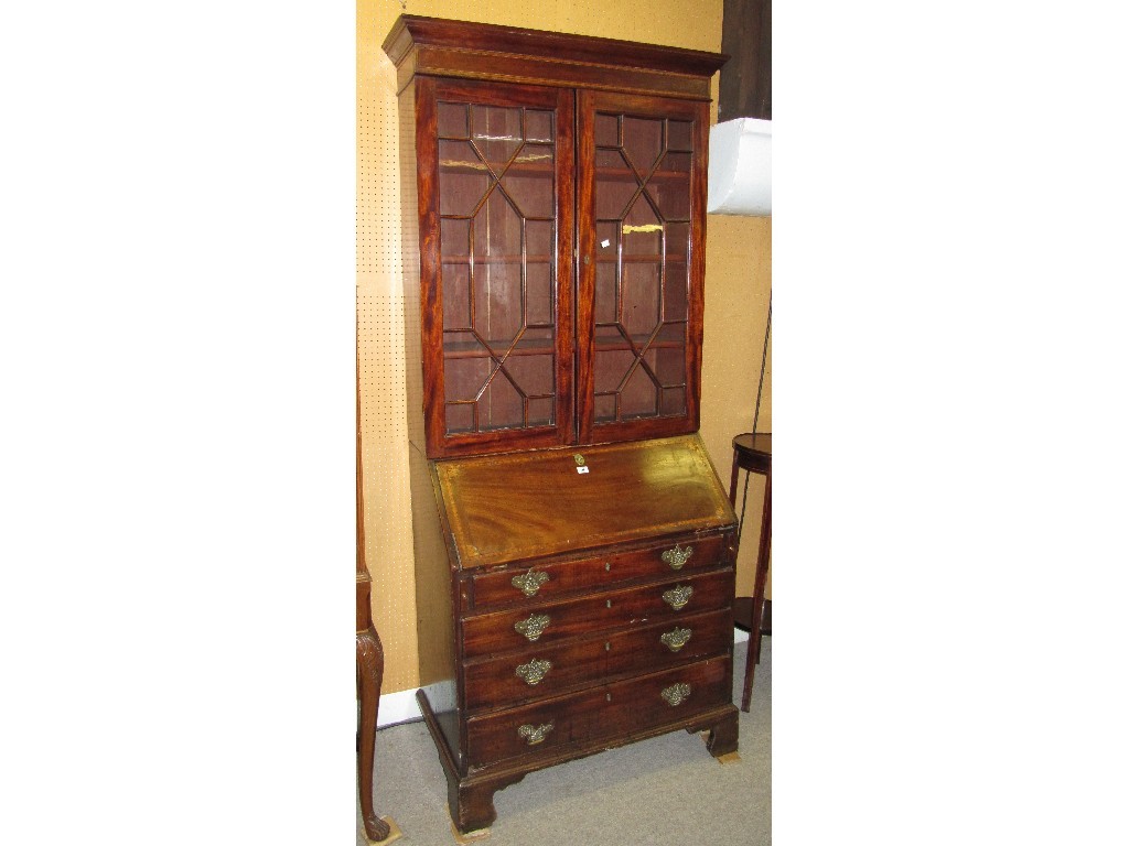 Appraisal: Georgian mahogany writing bureau with later astragal glazed bookcase top