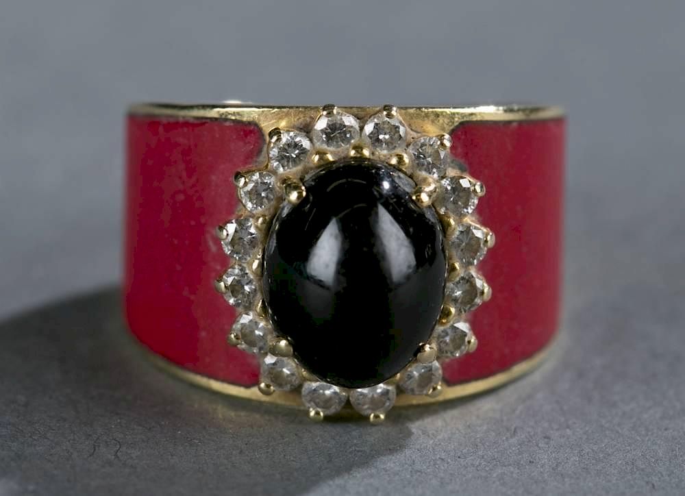 Appraisal: Red enamel diamond and onyx kt gold ring A red