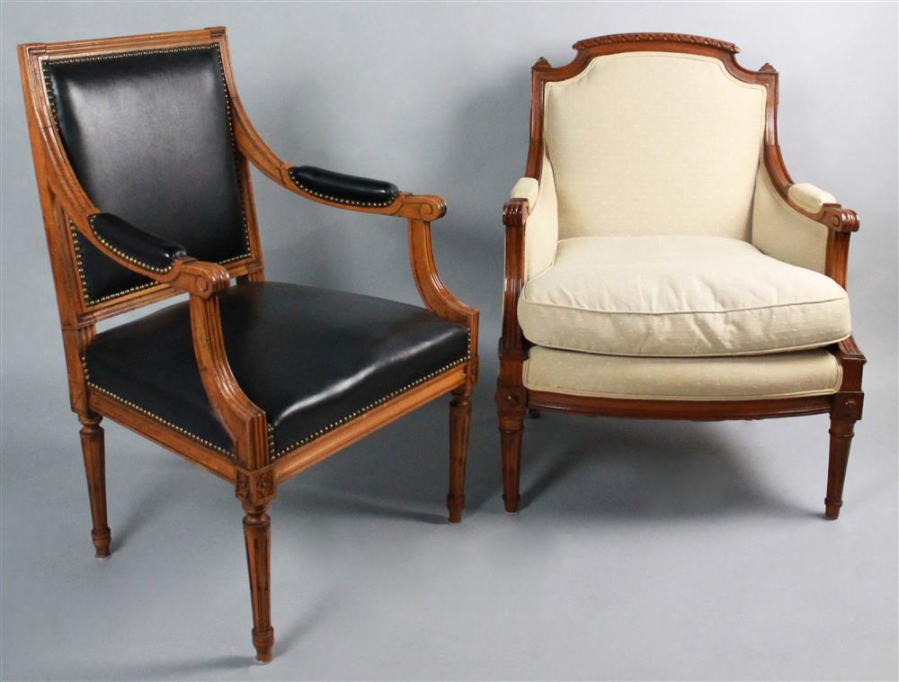 Appraisal: TWO FRENCH LOUIS XVI STYLE ARMCHAIRS beige tone-on-tone upholstered bergere