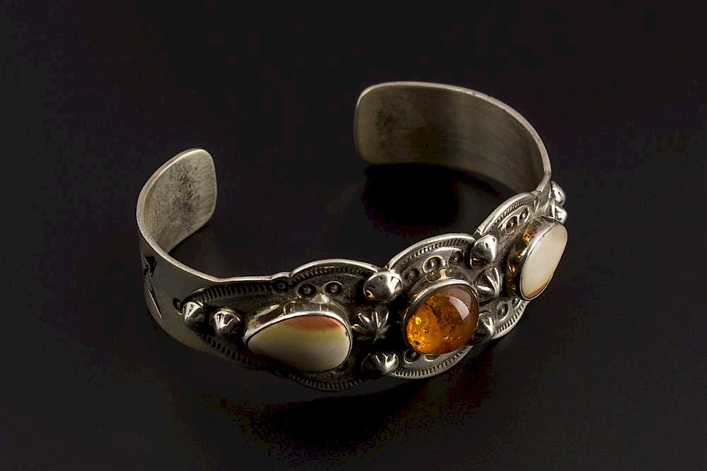 Appraisal: Amber Mookaite Bracelet Amber Mookaite Sterling Silver Bracelet by Navajo