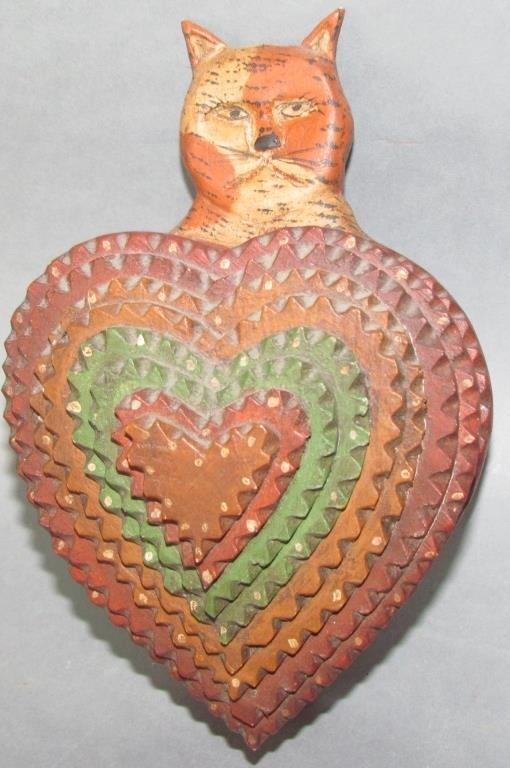 Appraisal: JUNE GOTTSHALL TRAMP ART WALL POCKETcat and heart design signed