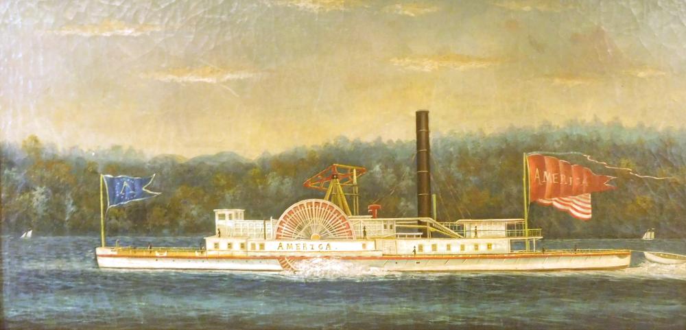 Appraisal: American painting of paddleboat oil on canvas depicting paddleboat America