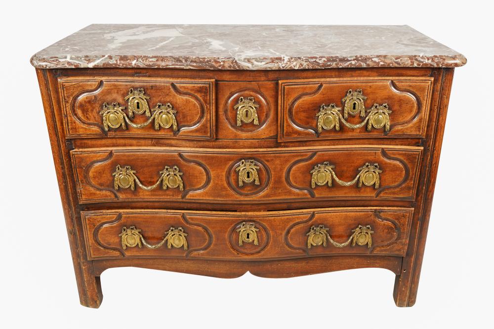 Appraisal: FRENCH PROVINCIAL GILT BRONZE-MOUNTED MARBLE-TOP COMMODE th Century with three