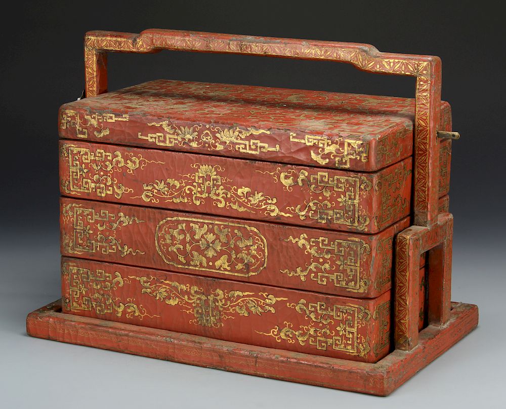 Appraisal: Chinese Wooden Red and Gilt 'Picnic' Box th C consisting