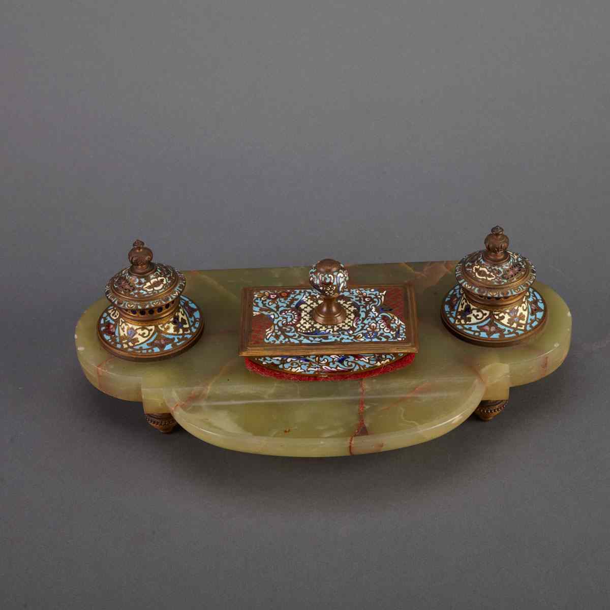 Appraisal: French Champleve Enameled Gilt Bronze and Onyx Inkstand with Blotter