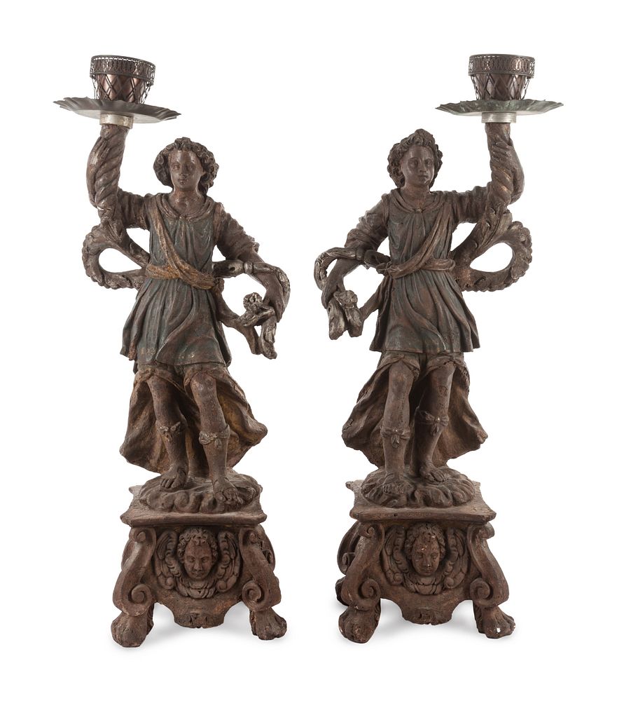 Appraisal: Two Neapolitan Carved and Painted Figural Pricket Sticks Two Neapolitan