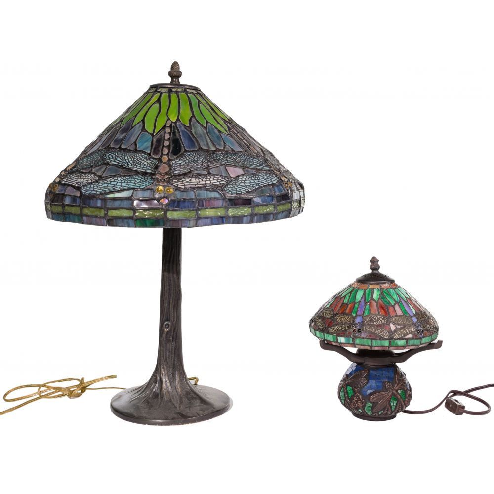 Appraisal: TIFFANY-STYLE REPLICA DRAGONFLY LAMPS items including a smaller bulbous mosaic