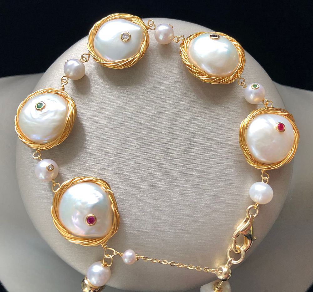 Appraisal: Fresh Water Coin Pearl Sterling Vermeil Bracelet Fresh Water White