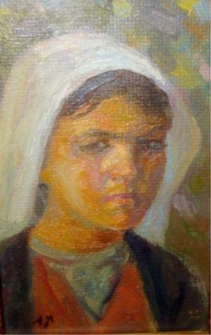 Appraisal: Initials Oil on Canvasboard Woman in White Scarf Initied lower