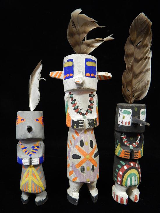 Appraisal: TRIBAL three Navajo kachina dolls wood carved and painted polychrome