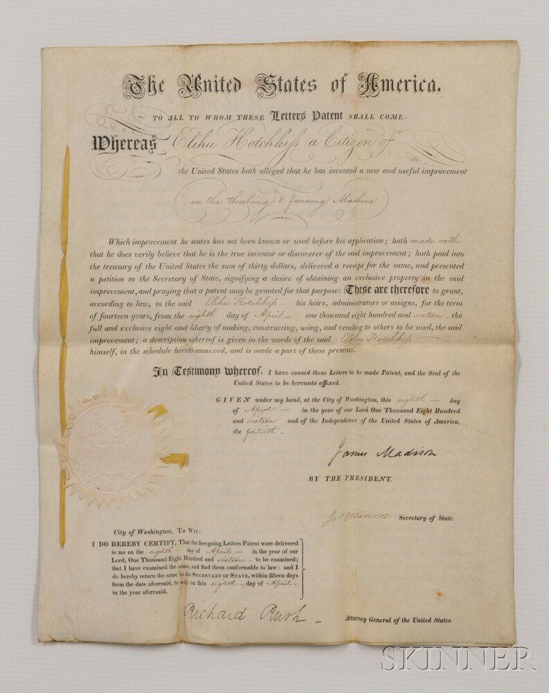 Appraisal: Madison James - and James Monroe - Letters Patent Signed